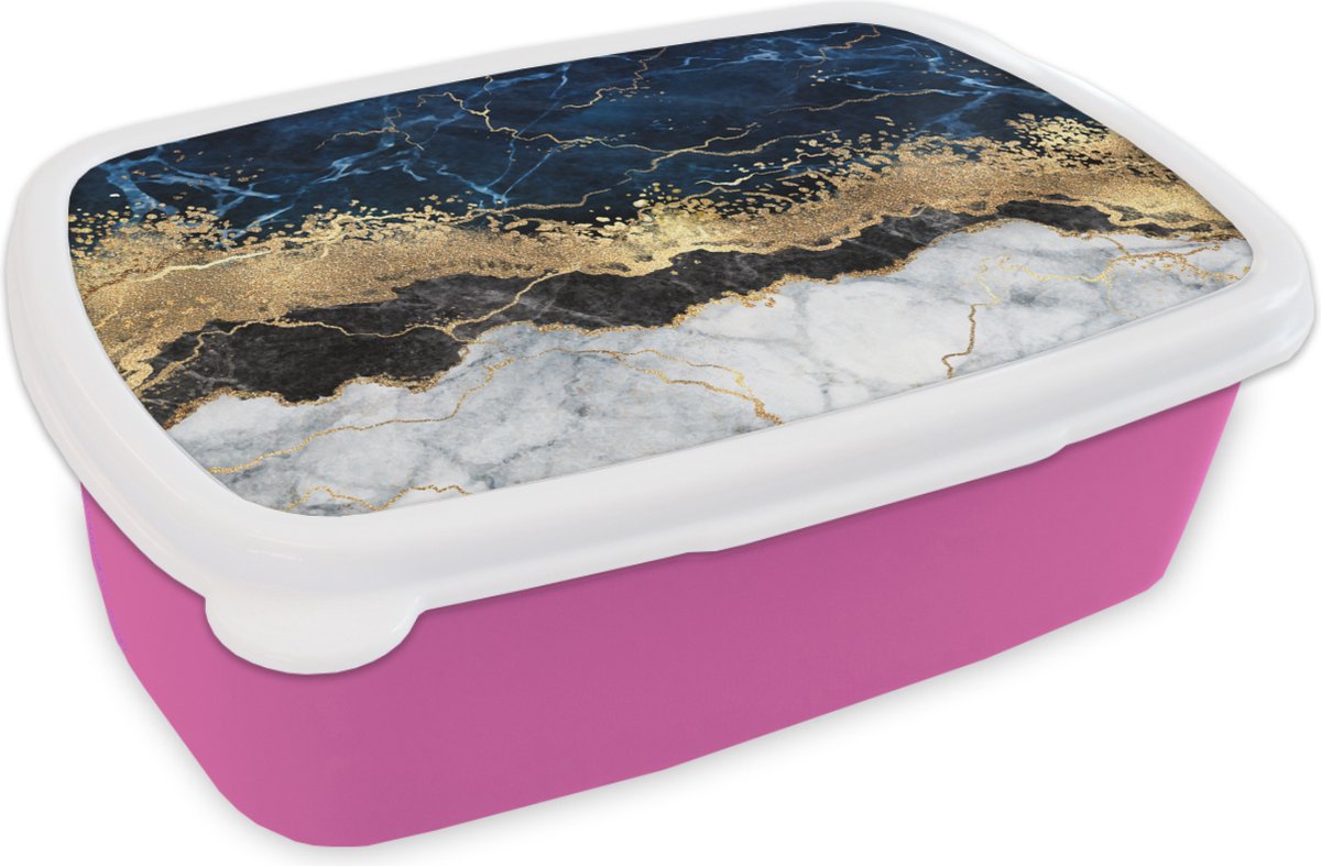 Broodtrommel Roze - Lunchbox - Brooddoos - Marmer - Wit - Goud - Luxe - 18x12x6 cm - Kinderen - Meisje