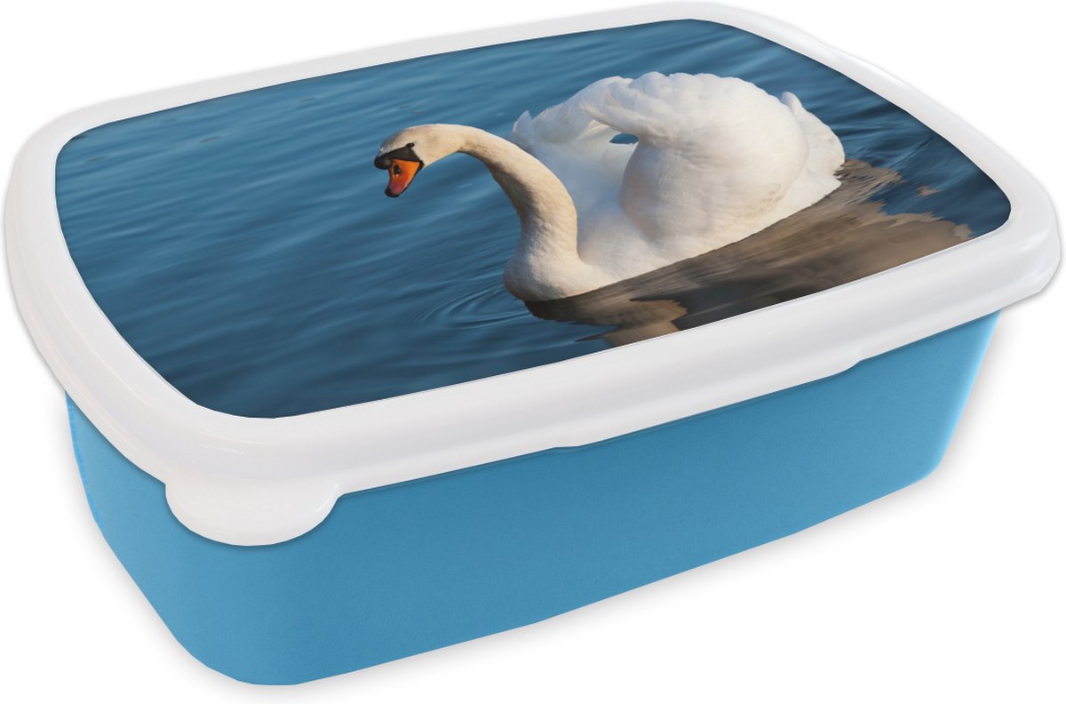 Broodtrommel Blauw - Lunchbox - Brooddoos - Zwaan - Water - Vogel - Wit - 18x12x6 cm - Kinderen - Jongen