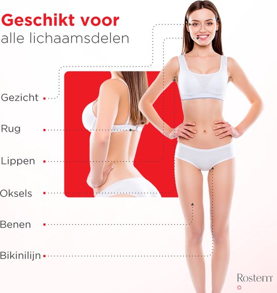 Model toont op welke lichaamsdelen de Rostem ontharingswax gebruikt kan worden: gezicht, rug, lippen, oksels, benen, bikinilijn.