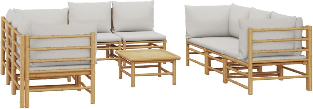 vidaXL 9-delige - Loungeset - met - kussens - bamboe - lichtgrijs