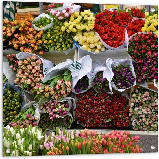 Tuinposter – Markt - Bloemen - Tulpen - Rozen - Hout - Kleuren - 80x80 cm Foto op Tuinposter (wanddecoratie voor buiten en binnen)