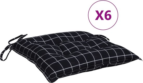 vidaXL-Stoelkussens-6-st-50x50x7-cm-stof-ruitpatroon-zwart