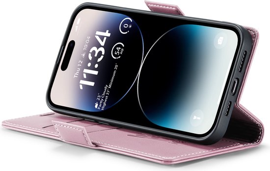 Coque de téléphone rose clair en similicuir, avec un téléphone affichant la météo.