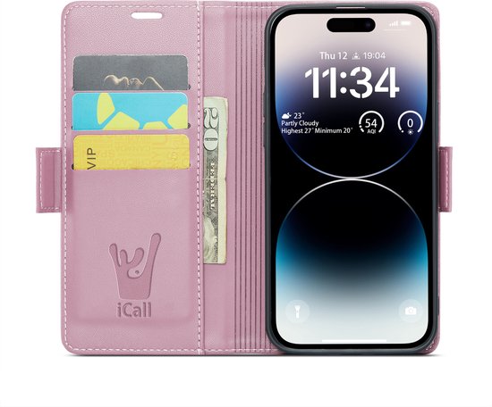Étui portefeuille rose en similicuir, style livre, ouvert, avec fentes pour cartes et un téléphone affichant l'heure.