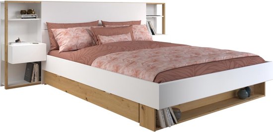 Bed met nachtkastjes en opbergruimtes - Wit en naturel - MISTA L 255.1 cm x H 102.6 cm x D 244.9 cm