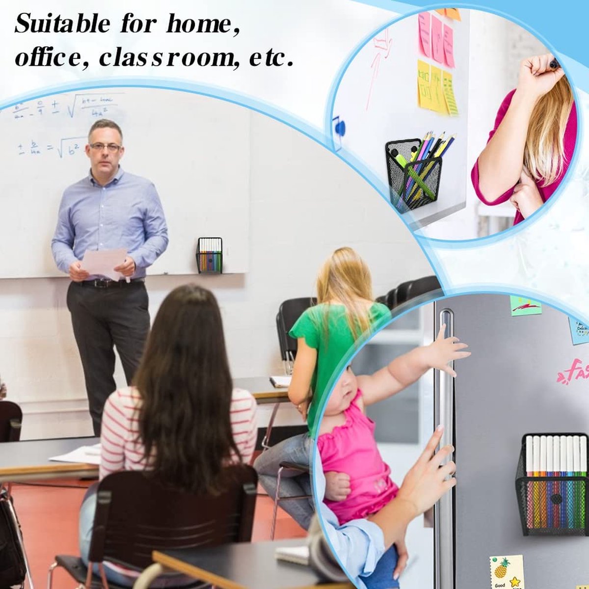 Rebanky Magnetische pennenhouder van metalen vlechtwerk, 2 stuks, zwart, pennenhouder, magnetische net-organizer voor bureau, koelkast en whiteboard