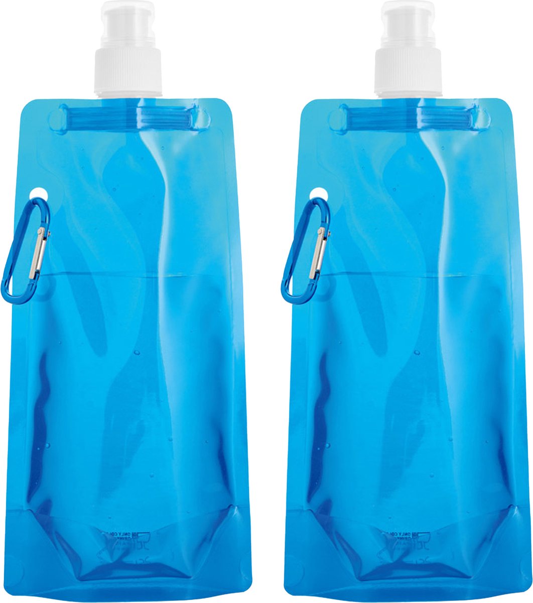Waterfles/drinkfles/sportbidon opvouwbaar - 2x - blauw - kunststof - 460 ml - schroefdop - waterzak