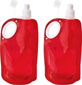 Waterfles/drinkfles/sportbidon opvouwbaar - 2x - rood - kunststof - 770 ml - schroefdop - waterzak