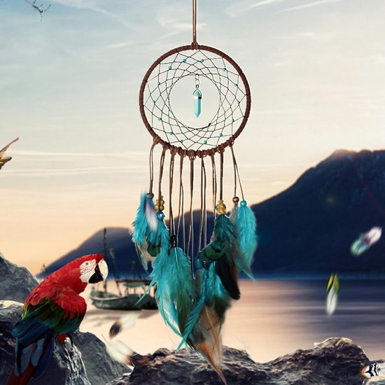 Grote Handgemaakte Dromenvanger - Dromen Vanger - Dream Catcher - Dream Catcher Groot - Indianen Deco Droomvanger met Steen Kraaltjes Veren – Bruin / Blauw - BPK