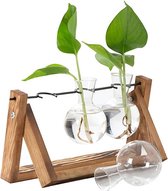 Planten Vaasjes Terrarium Stekjes - Houder van hout met glas - Hydrocultuur Bolvaasjes Standaard Plantenrek - 28x13,5CM - Bohemian Interieur