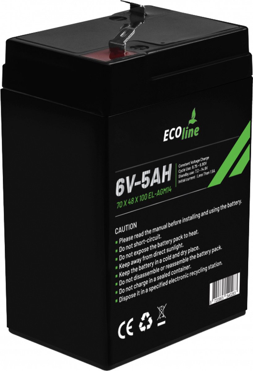 EcoLine - AGM 6V 5AH - 5000mAh VRLA Batterij - 70 x 48 x 100 - Deep Cycle Accu.
