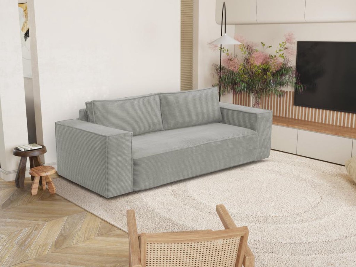 Dunlopillo Express-driezitsslaapbank van grijs ribfluweel AMELIA - Bed 140 cm - Matras 14 cm met vormgeheugen L 214 cm x H 80 cm x D 105 cm