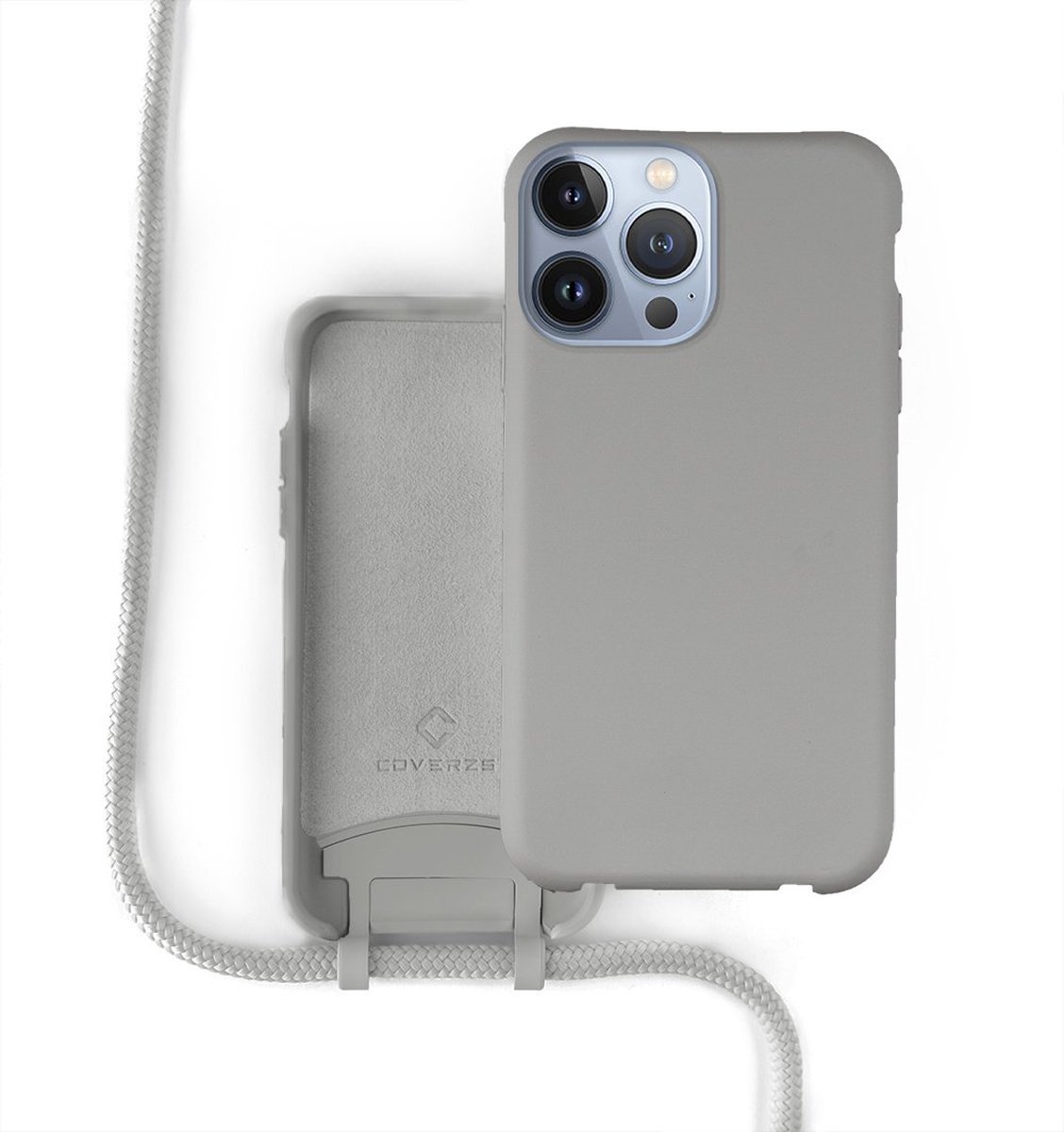 Coverzs Silicone case met koord Hoesje geschikt voor iPhone 13 Pro (grijs) + ShieldCase screenprotector - beschermglas iPhone bescherming - iPhone case bescherm hoesje + Screenprotector