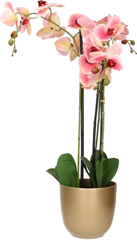 Orchidee kunstplant roze - 75 cm - inclusief bloempot goud glans - Kunstbloemen in pot