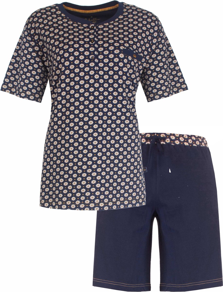 Medaillon Dames Shortama - Slaapset - 100% Gekamde Katoen - Blauw met Bloemetjes