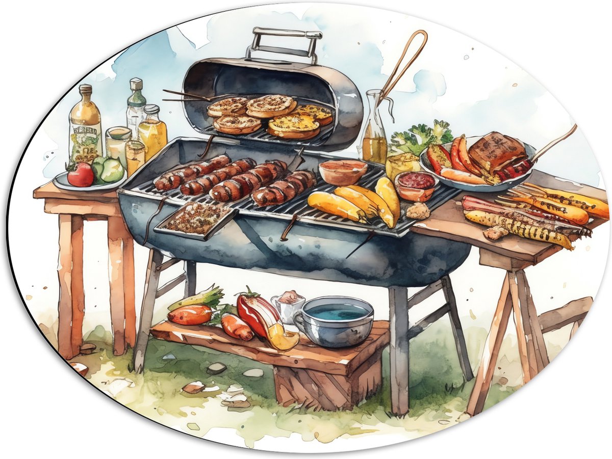 Dibond Ovaal - Tekening met Barbecue met Eten - 68x51 cm Foto op Ovaal (Met Ophangsysteem)