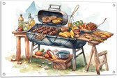 Tuinposter – Tekening met Barbecue met Eten - 90x60 cm Foto op Tuinposter (wanddecoratie voor buiten en binnen)