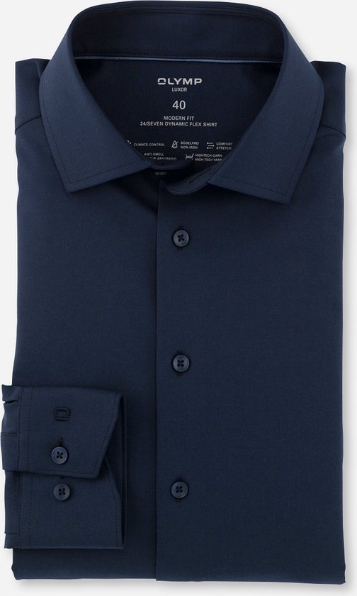OLYMP Luxor 24/7 modern fit overhemd - popeline - marineblauw - Strijkvriendelijk - Boordmaat: 40