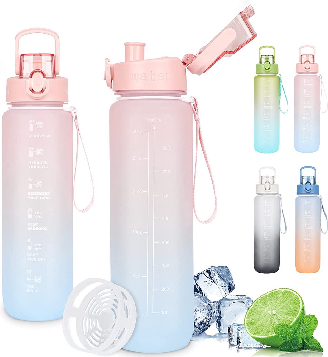 Sportdrinkfles, 1 l, motivatiefles, met filter en tijdmarkering, BPA-vrij, waterdicht, kunststof, herbruikbaar, voor sport, kamperen, fietsen, wandelen