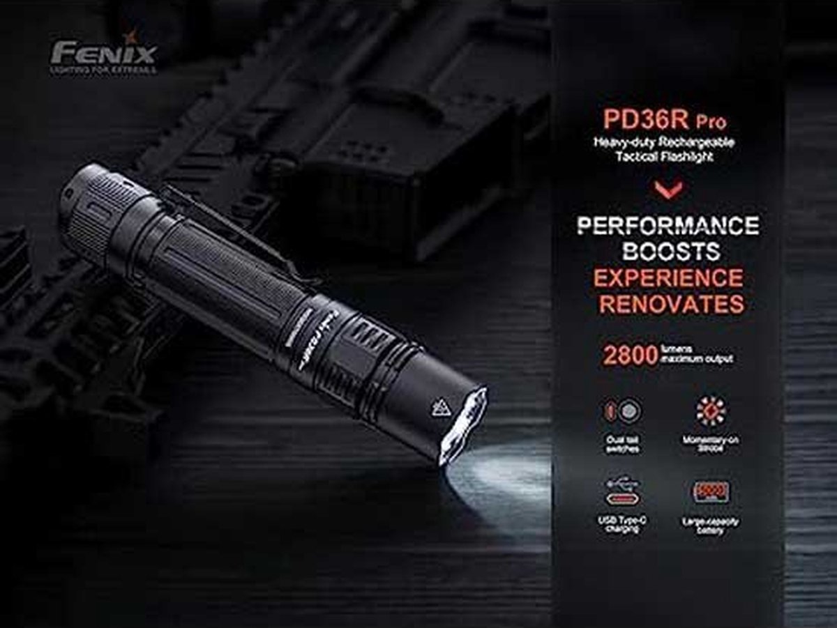 Fenix PD36R Pro 2800 Lumen taktische Taschenlampe, Dual Rückschalter, USB-C wiederaufladbar, mit Lumentac Organizer