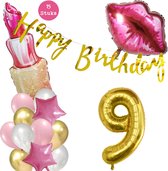 Snoes Beauty Helium Ballonnen Set 9 Jaar - Roze Folieballonnen - Slinger Happy Birthday Goud