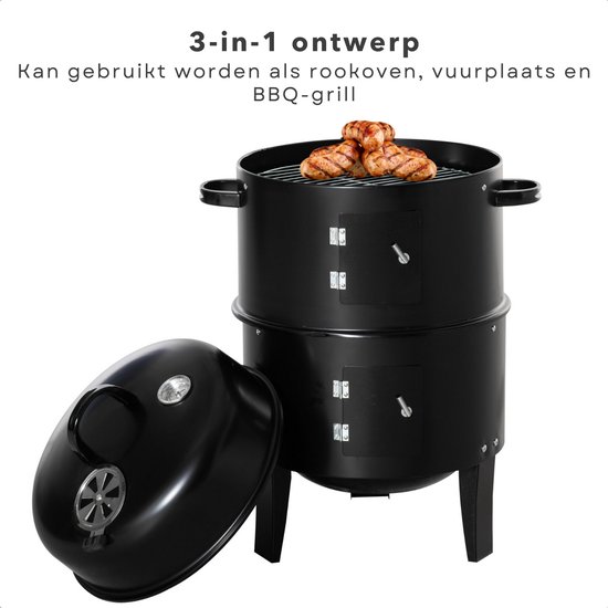 BBQ Rookoven - Rook- en Grilloven - Ø40 x H78 cm - Staal - 2 Roosters - Thermomemeter - Houtskool/Briketten - 6,9 kg - Barbecue Smoker van Perel — afbeelding 5