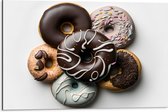 Dibond - Stapel Verschillende Smaken Donuts tegen Lichtgekleurde Achtergrond - 75x50 cm Foto op Aluminium (Met Ophangsysteem)
