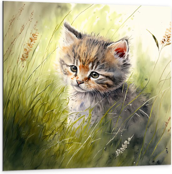 Dibond - Tekening van Bruinharige Kitten tussen de Hoge Grassprieten - 100x100 cm Foto op Aluminium (Met Ophangsysteem)