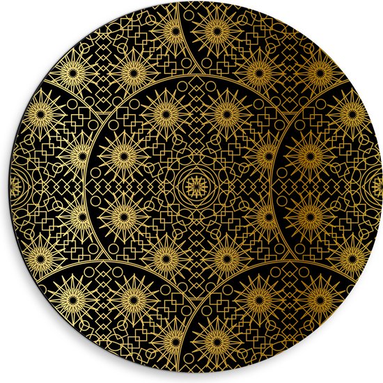 Dibond Muurcirkel - Borden met Gouden Geometrische Print - 50x50 cm Foto op Aluminium Muurcirkel (met ophangsysteem)