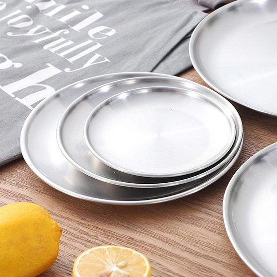 SHSHbuy 2 stuks roestvrij stalen ronde servies, roestvrijstalen borden, campingborden, onderborden, roestvrijstalen borden, serveerborden voor camping, keuken, feest, 20 cm