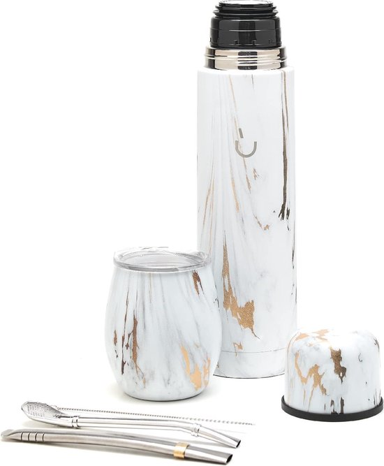 BALIBETOV Complete Yerba Mate Set - Modern Mate Gourd, Thermos, Bombilla and Cleaning Brush Included - All Premium Quality 304 18/8 Stainless Steel (Gold Marble