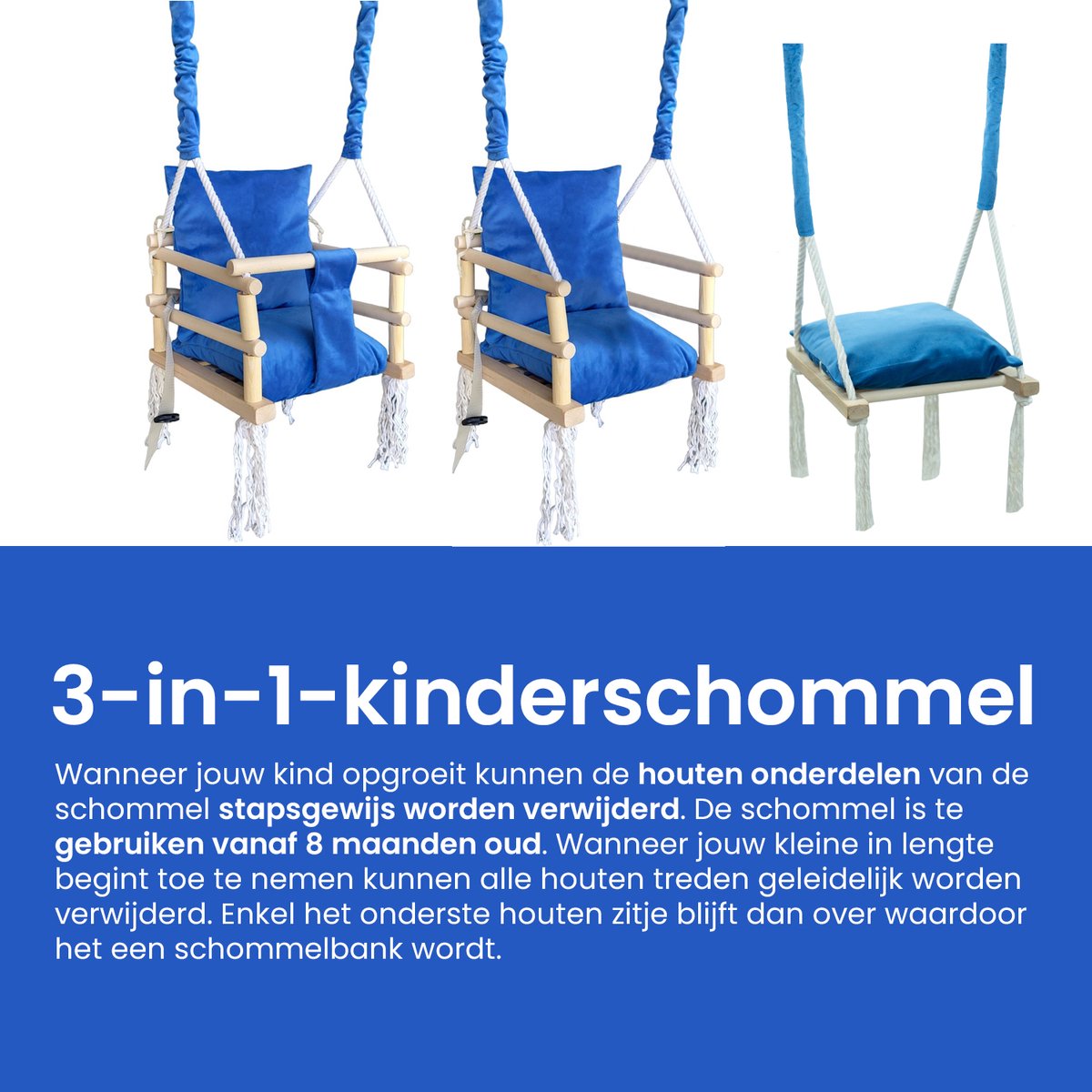 Luxe houten 3 in 1 blauwe meegroei baby schommel en kinder schommel – Baby swing – Schommel die meegroeit met je kindje - Schommelstoel - Schommels - handgemaakt — afbeelding 3