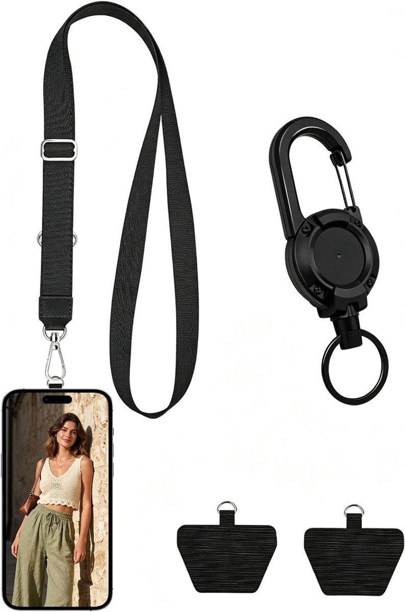 Verstelbare Lanyard Set met Karabijnhaak en Bevestigingspatches voor Outdoor Activiteiten, Wandelen, Klimmen en Vissen (Zwart)