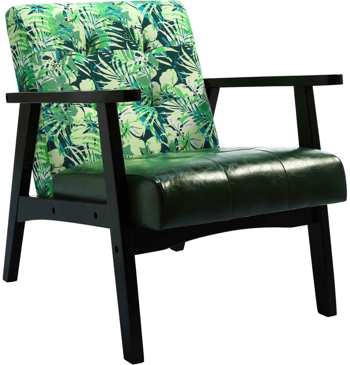 HomeMiYN Japanse Fauteuil – PU Leer & Linnen Look Patchwork Stoel – Donkergroen met Plantenprint Design – Zwarte Armleuningen – Lage Lounge Stoel