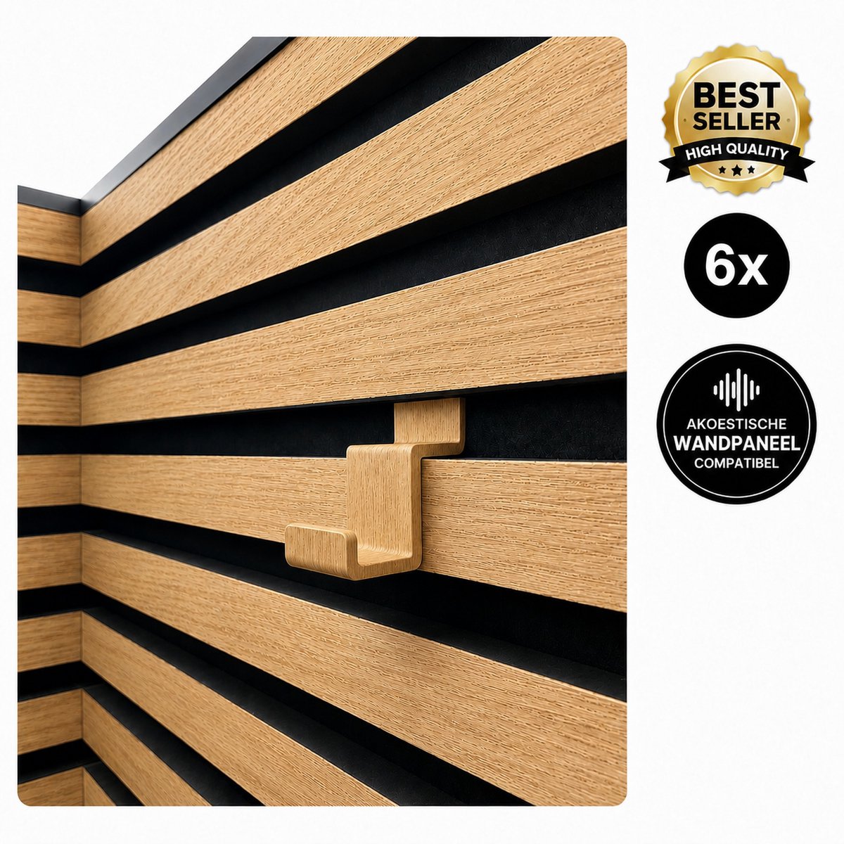 6 Stuks Akoestische Paneel Haken - Wandhaak Voor Lattenwand - Kapstokhaak Voor Akoestische Wandpanelen - Design Wandhaak - Opberghaak Voor Hal Slaapkamer Kantoor Badkamer - Sterke Bevestiging - Organizer Voor Wandpanelen - Oak
