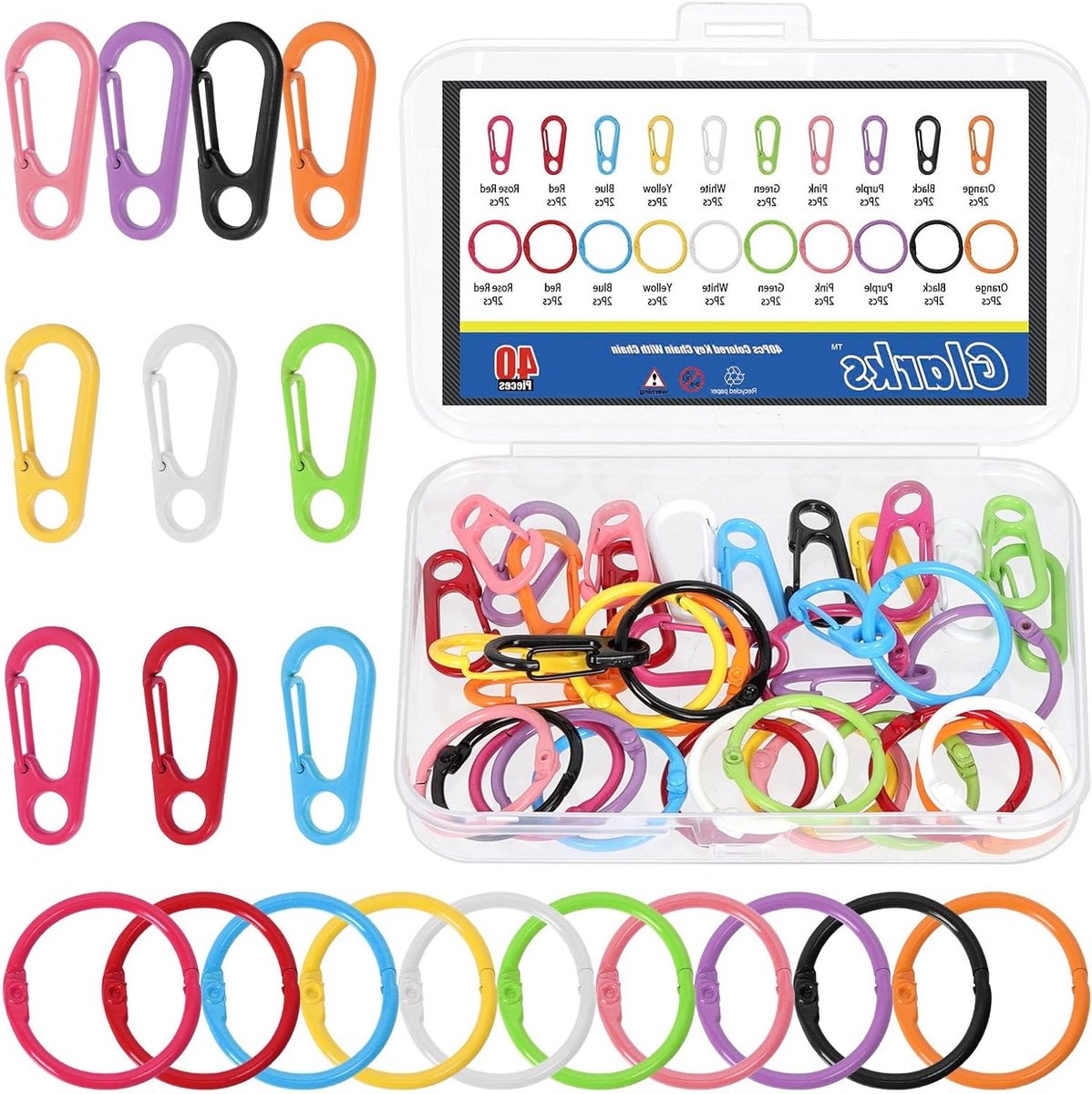 20 Sets Mini Karabijnhaak Clips 16 x 34 mm met 32 mm Ringenset voor Bindringen, 10 Snoepkleuren Paracord Haken voor Sleutelhanger en Rugzak