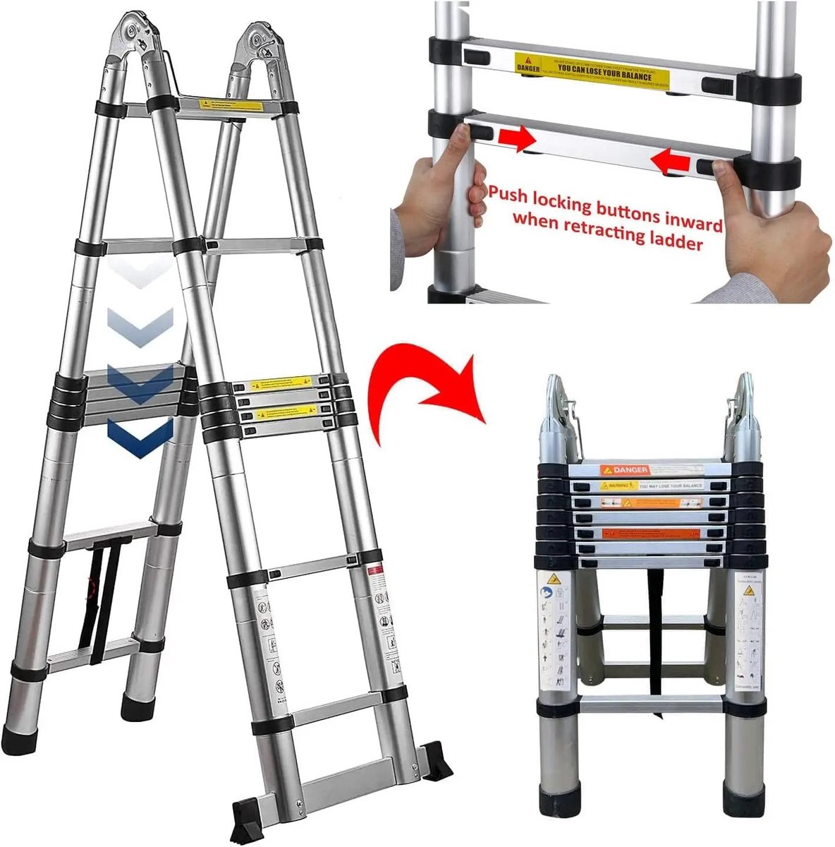 QJ Supply - Telescopische Ladder - Vouwladder - A-Frame - Uitschuifladder - RVS - Antislip - 150KG - Zilver – foto 4