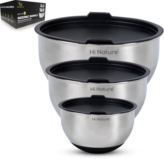 HI NATURE™ RVS Mengkommen set 3 met Luchtdichte Deksel - Rustvrije Staal Kommen set | Patisseriekommen - Mixkom - Beslagkommen - Mengschalen - Bakspullen - Slakom - Saladekom | Beslagkom set - AntiSlip Bodem - Vriezer & Vaatwasserbestendig