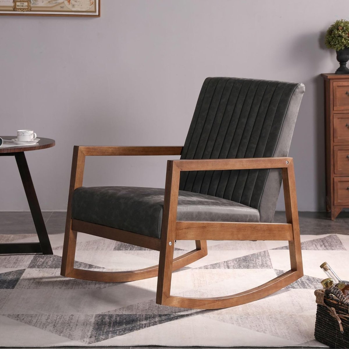 Schommelstoel Retro Kunstleer Walnoothout – 86 x 62,5 x 89 cm – Ergonomische Relaxstoel met Hoge Rugleuning en Armleuningen – Luxe Fauteuil voor Woonkamer, Leeshoek en Babykamer – Grijs – Mobili Bella