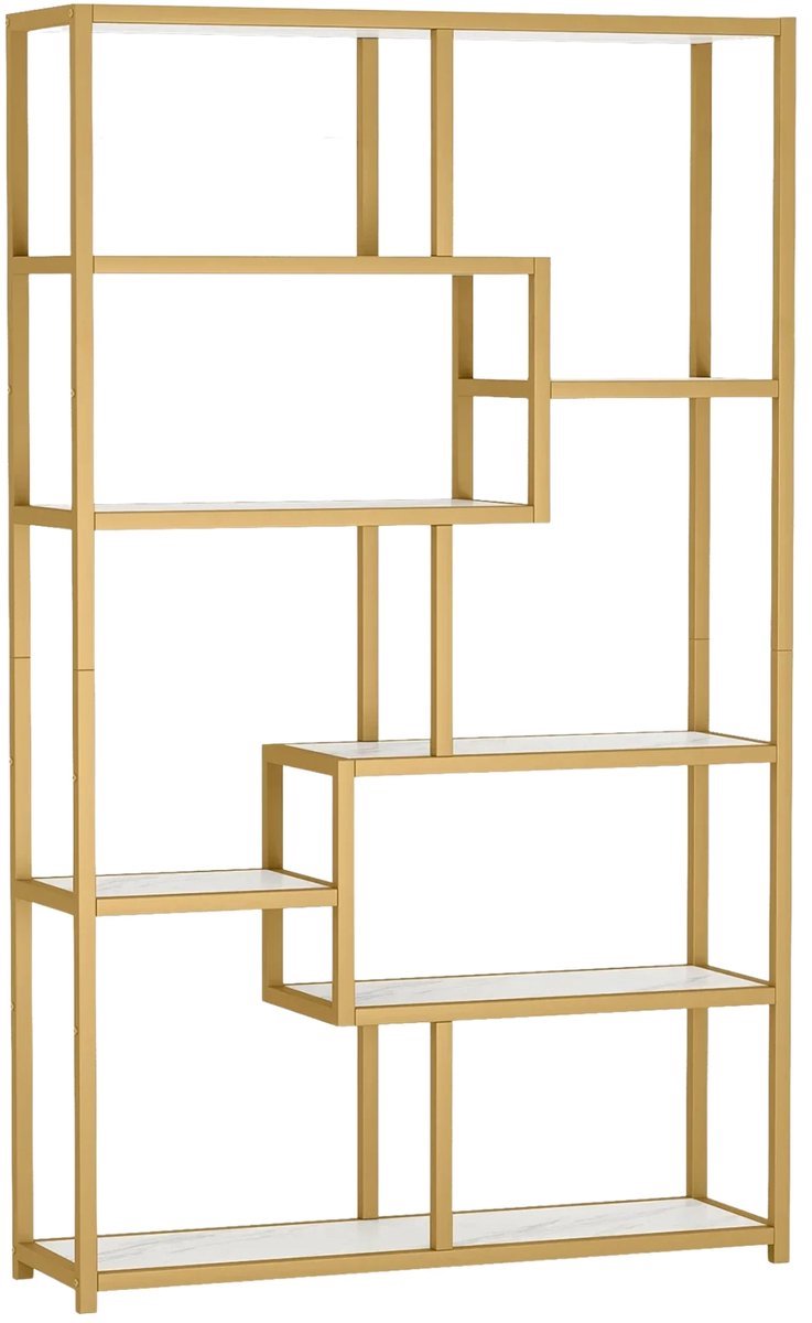 Boekenkast Goud - Metaal, 8 Lagen en Goud en Marmerlook met Boekenrek Metaal - Voor Woonkamer