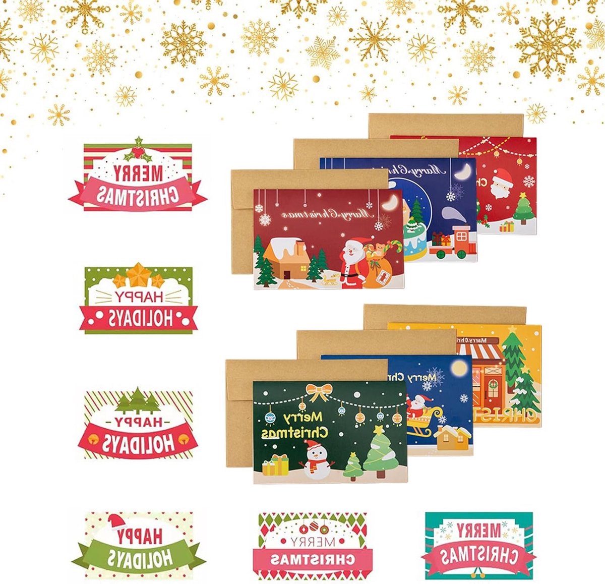 Set van 6 Kerstkaarten met Enveloppen - Vouwkaarten, Feestelijke Groetkaarten en A6 Kaarten voor de Kerstperiode