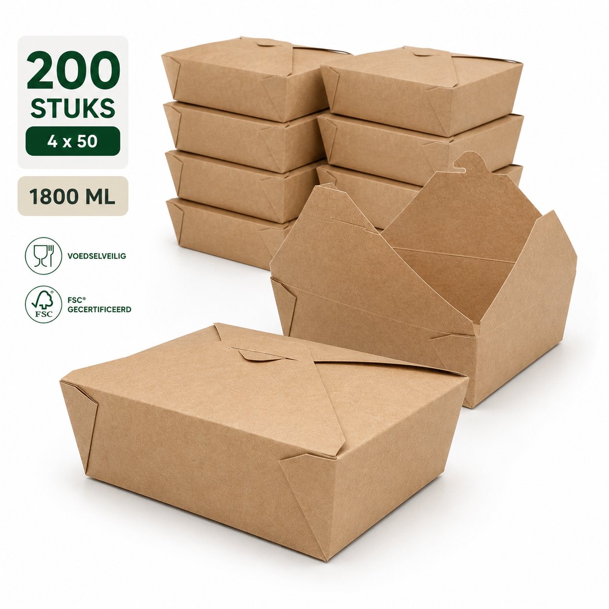 Oosterse Maaltijdboxen Kraft 1800 ml – 200 Stuks – 19,7 x 14 x 6,5 cm – Kartonnen Takeaway Bakjes met Klapdeksel – PE-Coating – FSC® Gecertificeerd