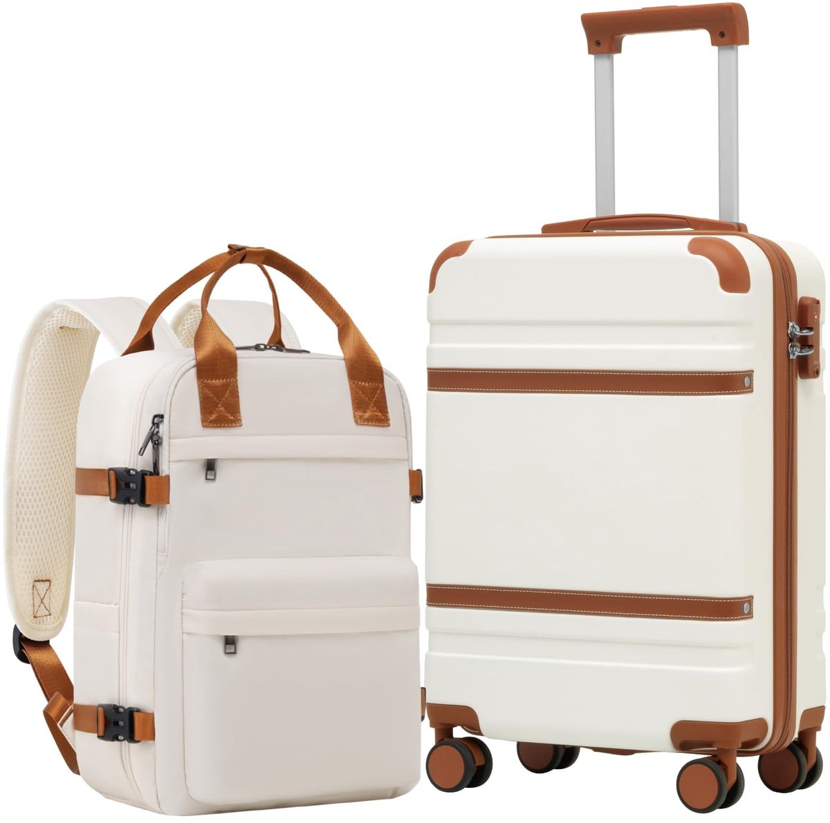 Dailygoods - Cabinekoffer 55 x 35 x 20 cm Handbagage Wit/Bruin Set 2tlg
