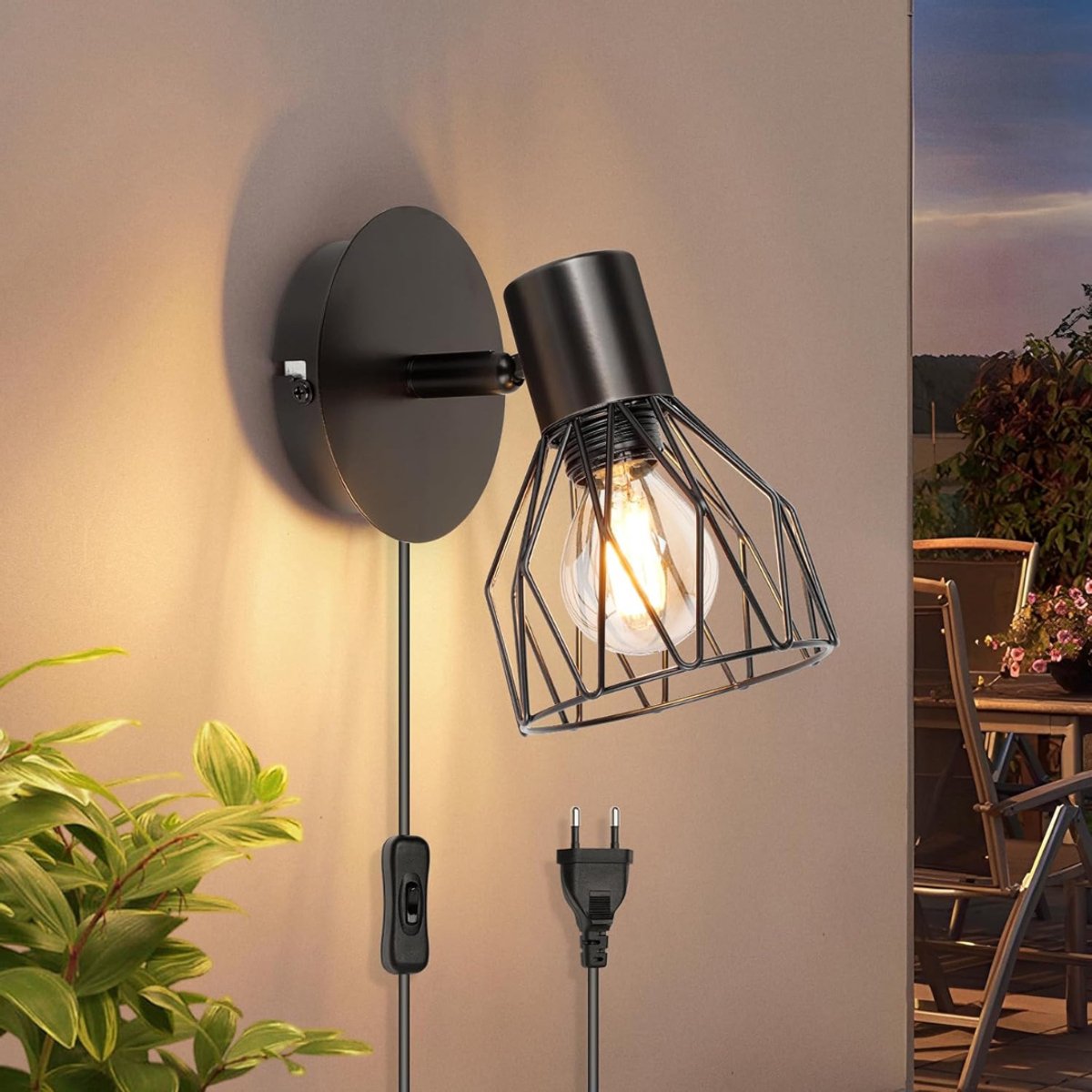 QORA® Wandlamp Binnen met Snoer - Wandlamp - Wandlamp Binnen - Zwart - 15cm x 10cm x 11cm