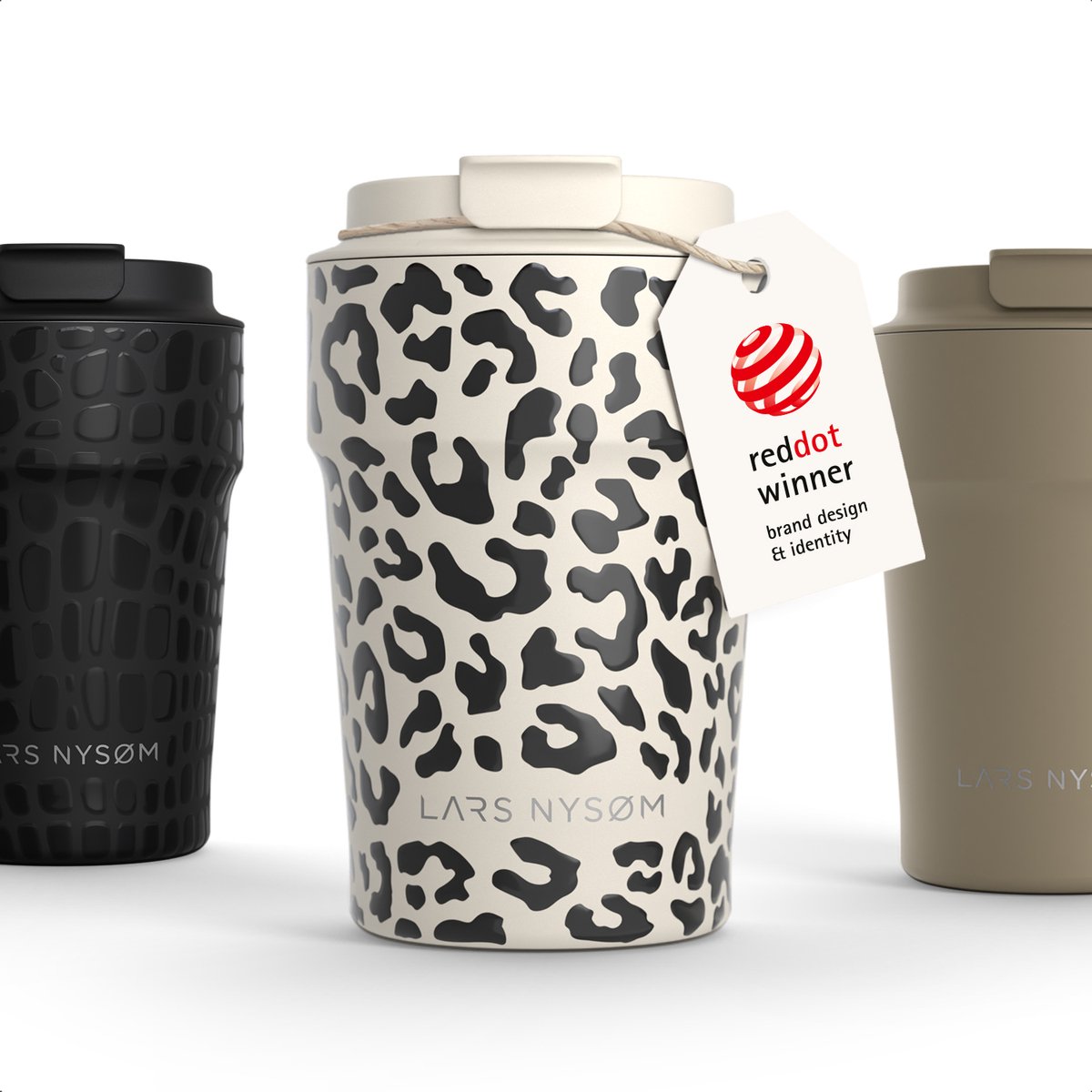 LARS NYSØM Bevægelse Thermos Coffee Mug-to-go 380ml - BPA-vrij met Isolatie - Lekvrije Roestvrijstalen Thermosbeker (Cream Beige/Leopard/Gloss Black)