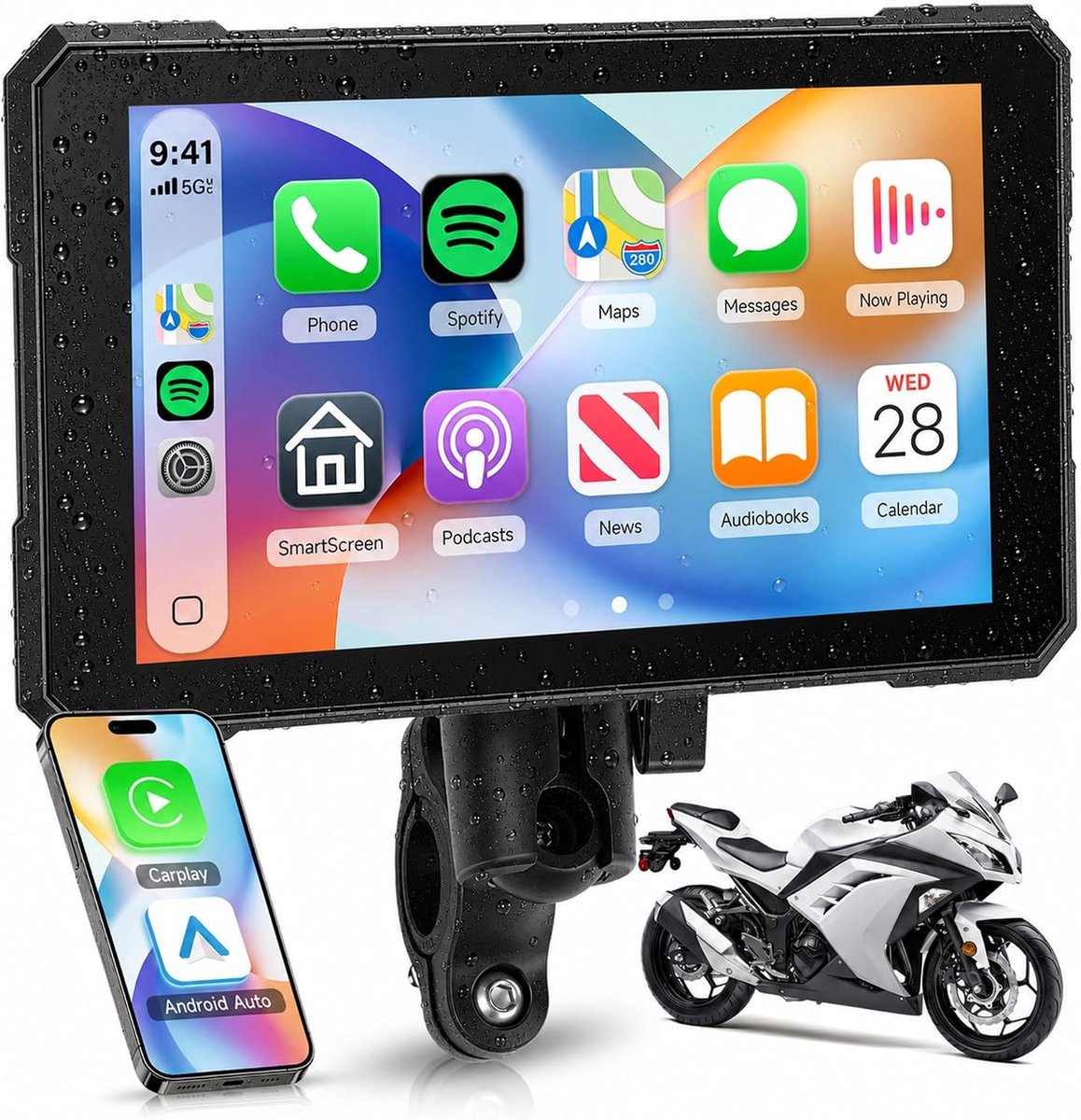 Portable HD touchscreen motor radio 15,2 cm - IP68 waterdicht - met Android Auto en Bluetooth - ideaal voor onderweg - ShopVlot
