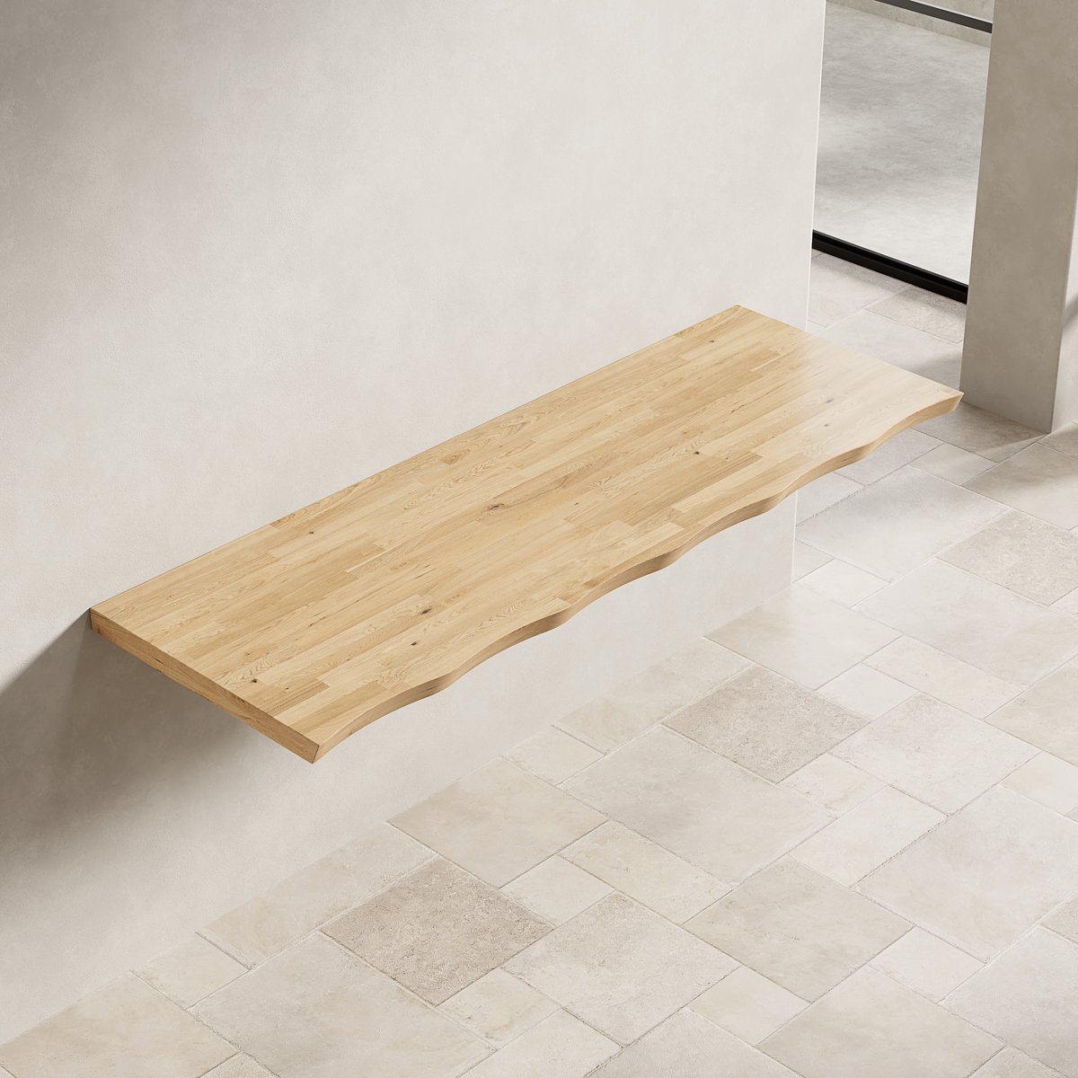 REDOM - Wastafelblad - Niet voorgeboord - Golfvormige rand - Te gebruiken met opbergkasten - Badkamer - Hout - Natuurlijke houtkleur - 140 x 48,5 x 3,8 cm