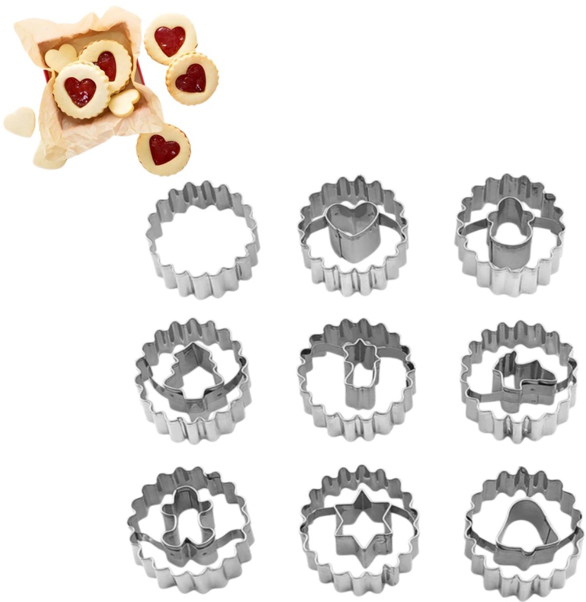 9-delige set - Koekjesvormenset - Taartdecoratievorm - Bloemvormige koekjesvorm - Uitgeholde koekjesvorm - Roestvrijstalen kerstkoekjesvorm - Zilver - 4,5 x 4,5 cm - Geschikt om te bakken, voor de feestdagen en voor dagelijks gebruik.
