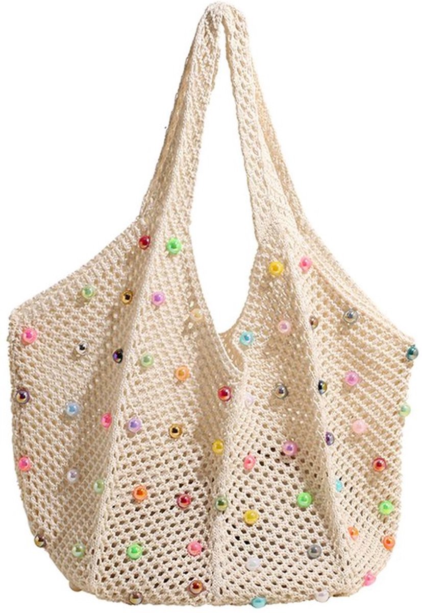 Strandtas XXL - Gehaakte Strandtas met Kralen - Opvouwbaar - Duurzaam - Modieus Zomeraccessoire - Lichtgewicht Materiaal - Boho Tas