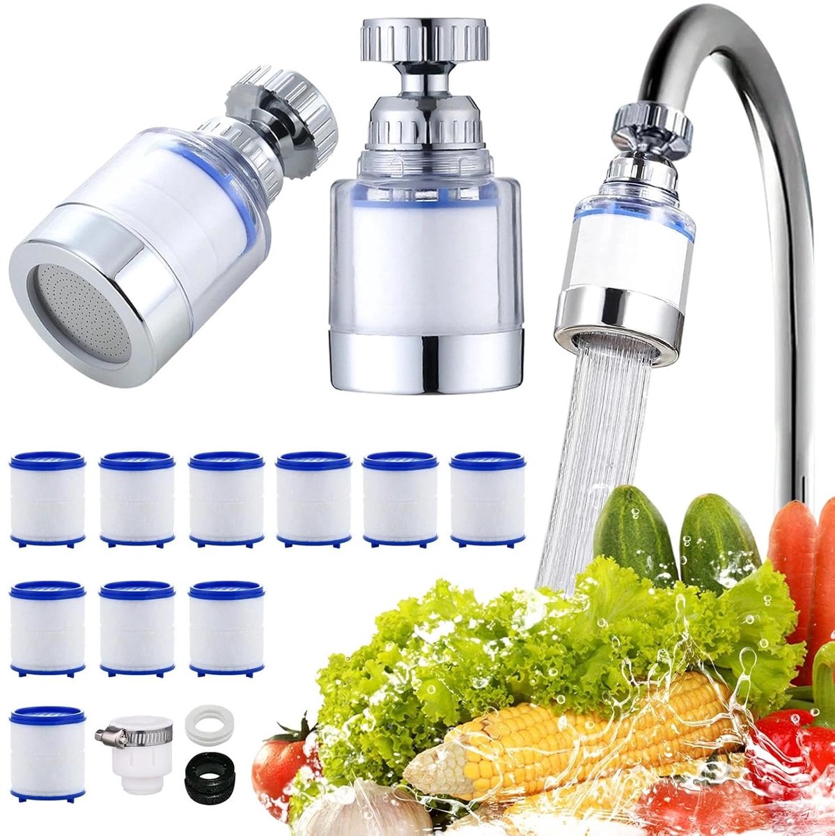 Anti-kalkfilter kraan 360° draaibaar - waterzuiveraar met 10 filterelementen - voor keuken en badkamer - ShopVlot